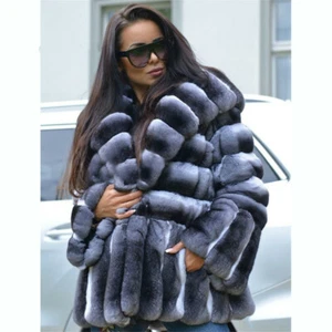 Women Real Rex Rabbit Fur Hooded Coat Warm Whole Fur Coat In Chinchilla Print - Picture 1 of 10