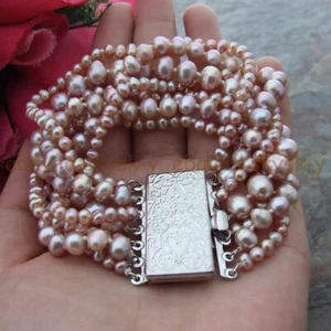 7 Strands 5-6mm 8-9mm Natural Purple Freshwater Baroque Pearl Bracelet 8'' - Picture 1 of 5