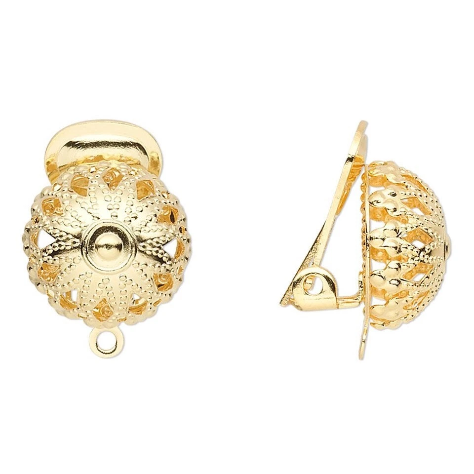 Clip On Earring Hooks Findings Gold 14K Plated 12mm Filigree Dome Ball 2pcs — 第 1/1 张图片