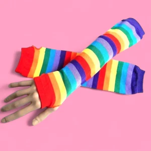 RAINBOW STRIPED ARM WARMERS gay pride knit fingerless gloves Brite rave LGBT Y5 - Picture 1 of 3