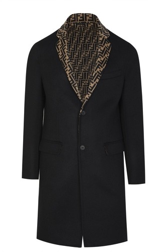 Cappotto di lana nero monopetto Fendi motivo Fendi FF single breasted coat