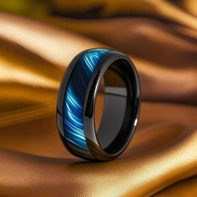 New Men's 8mm Black Titanium Steel Ring Lnlaid With Blue Tiger's Eye Stone 7-13 - image 1 of 4