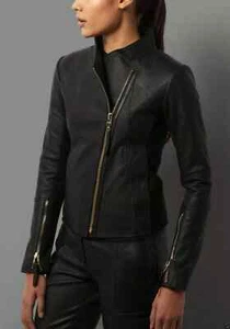 Chaqueta de cuero para mujer de piel de cordero elegante motocicleta motociclista chaqueta negra hecha a mano - Imagen 1 de 9