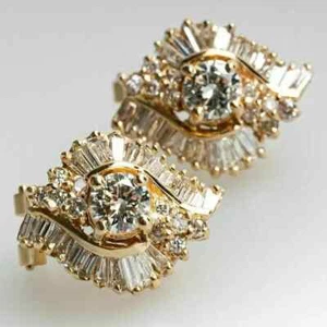 3Ct Round Cut Lab Created Diamond Omega Back Stud Earring 14k Yellow Gold Plated - Picture 1 of 3