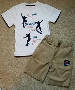 GYMBOREE Boys Sz 7 Skate Camp Skateboarding Tee & Tan Khaki Shorts ~  - Picture 1 of 4
