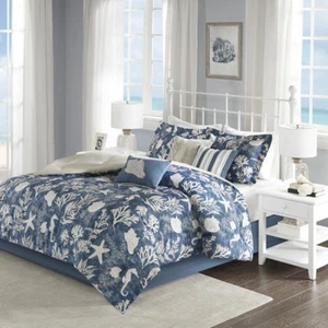 BEAUTIFUL BLUE WHITE BEACH NAUTICAL SEA SHELL TROPICAL COAST OCEAN COMFORTER SET - Picture 1 of 4