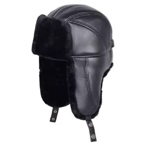 MENS FAUX LEATHER WINTER TRAPPER HAT WITH WARM LINING AND EAR FLAPS - Picture 1 of 3