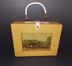  Wood Handbag Decoupage Horse & Carriage Scene Purse Vintage  - Picture 1 of 12
