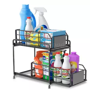 2 Tier Under Sink Cabinet Sliding Basket Organizer Drawer Storage Bathroom Shelf - Picture 1 of 18