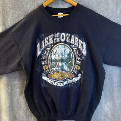 OZARKS 2003 Lake Of The Ozarks 仿旧图形圆领海军蓝运动衫 ~ XL — 第 1/4 张图片