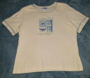 Vtg JANTZEN CLASSICS T SHIRT Butterfly floral embroidered  Zigzag Yellow Striped - Foto 1 di 2