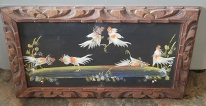 Vintage mexikanische Volksfederkunst gemischte Medien Hähne Hahnenkampf gerahmt 23" LESEN - Bild 1 von 14