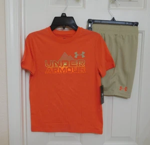 NWT 2pc Under Armour Orange Mountain Logo Shirt & Tan Shorts Set sz YS or YM - Picture 1 of 1