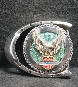 WH01162 VINTAGE 1970s **HARLEY-DAVIDSO** STAINLESS STEEL HORSESHOE BELT BUCKLE - Picture 1 of 2