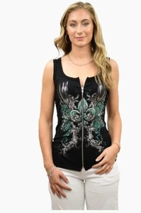 Ladies Beautiful Black Zipper Shirt with Teal Roses - USA Made - 285425 - Picture 1 of 1