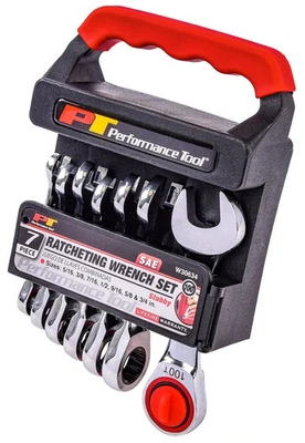 Herramienta de rendimiento W30634 ~ Juego de llaves de trinquete SAE de 7 piezas ~ STUBBY (5/16" - 3/4") Foto 1 de 3