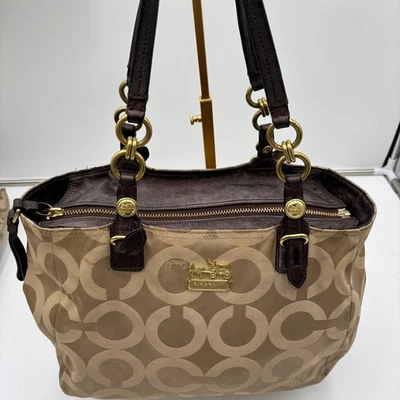 Bolso de Mano Coach F15758 Heritage Signature a Rayas Caqui Marrón Dorado Herrajes Foto 1 de 4