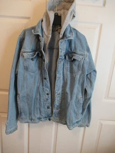 CL) Mens Size Large Liberty Blues Jean Jacket with Fleece Hoody Zipper & Buttons - Picture 1 of 14