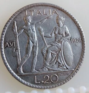 MONETA REGNO, 20 LIRE LITTORE 1928 A.VI,NC, ROMA,AG 14,95 GR,CONSERV. BB+ - Foto 1 di 9
