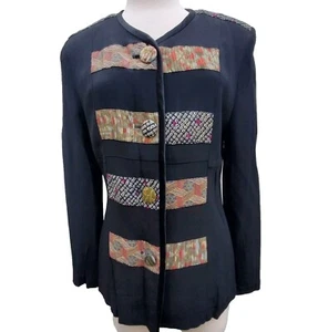 Yasuko Whimsey Black Rayon Crepe Kimono Jacket Robe w Silk Kimono Fabric Trim LG - Picture 1 of 14