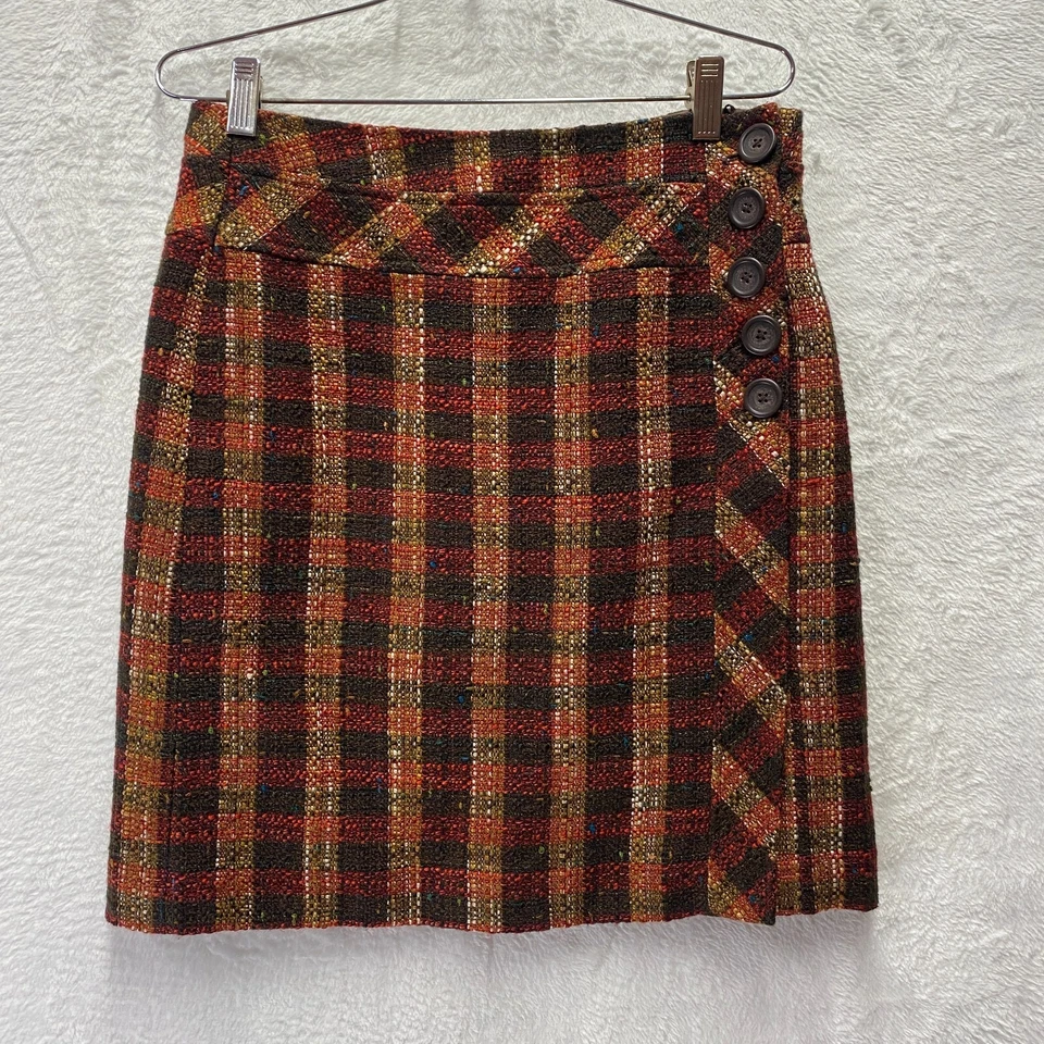 Falda corta de tweed Dressbarn Mezcla de lana Talla 8 Botones a cuadros marrones Otoño ecuestre Foto 1 de 4