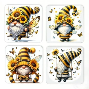 Coasters Themed Gnomes Cute Gift Set of 4 Square Coasters Gift Bees & Butterfly - Picture 1 of 4