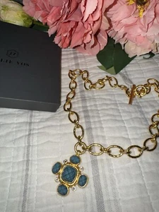 NEW Julie Vos Statement Necklace Peacock Blue & 24k Gold Plated Toggle Link NWT - Picture 1 of 14
