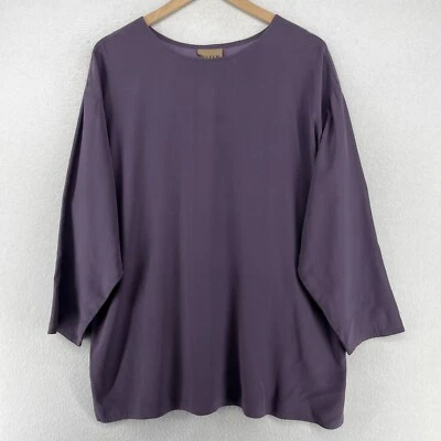 Túnica EILEEN FISHING Top 2 M/L cetim seda gola redonda relaxada roxa vintage - Imagem 1 de 4