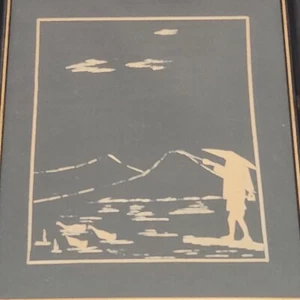 Asian Straw Art Picture Wall Decor Person Ducks Water Mountains Framed 1950's - Picture 1 of 3
