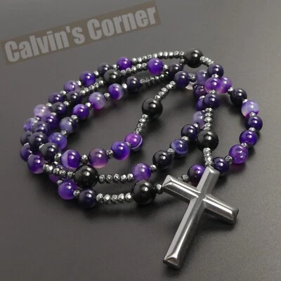 Purple Agate Black Onyx Bead Black Hematite Cross Rosary Necklace Men Women Gift - Image 1 of 4