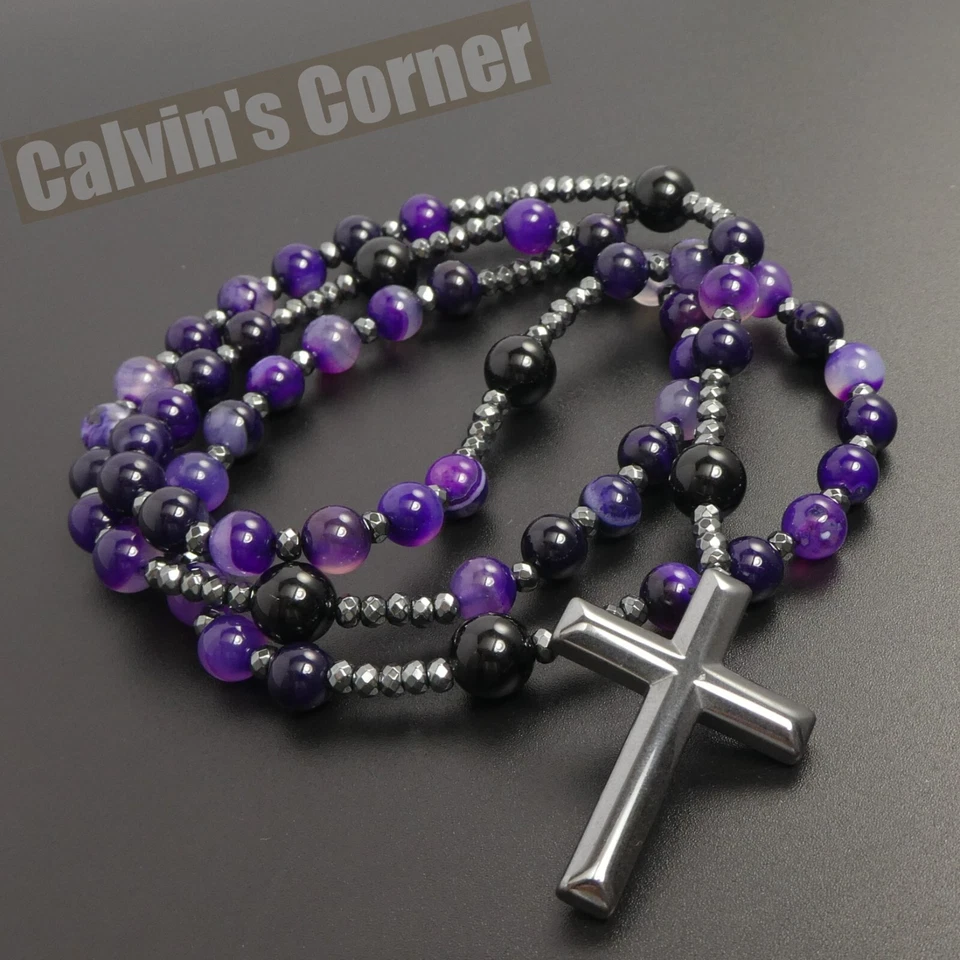 Purple Agate Black Onyx Bead Black Hematite Cross Rosary Necklace Men Women Gift - Image 1 of 4