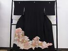 Black Tomesode Kimono, Piece Embroidery, Cloud-Trimming Flower Pattern, Gold Co