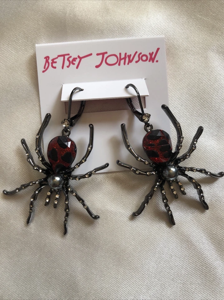 Betsey Johnson Dangling Spider Earrings With Silver Rhinestones & Red Crystal