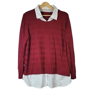 Faded Glory Knit Top Red Purple Size 20 XXL Long Sleeve Collar Stripe Mock Layer - Picture 1 of 6