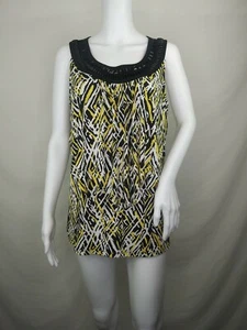 Laura Ashley top medium sleeveless  beaded stretch yellow black white EUC - Picture 1 of 12