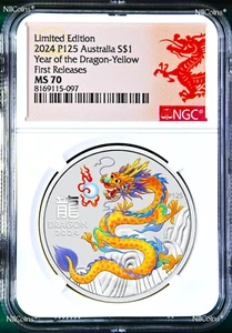 2024 Australia Silver Lunar Year of the Dragon NGC MS70 1oz $1 Coin P125 YELLOW - Picture 1 of 2