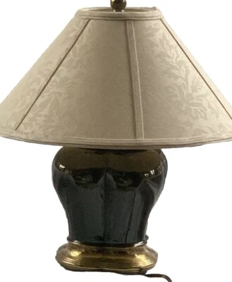 Lamp - Gunmetal And Brass Lamp Curved Lines w New Damask Cream Fabric Shade - Image 1 of 4