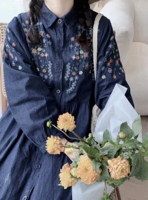 Women’s Soft Denim Embroidered Mori Forest Style Long Shirt Dress One Size XS-XL - Image 1 of 4