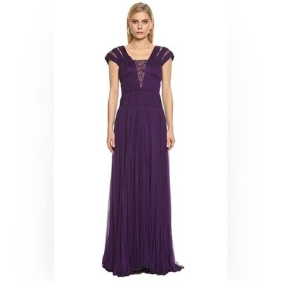 Tadashi Shoji Purple Lace Cap Sleeve Pleated Empire Waist Maxi Gown Size 10 - Image 1 of 4