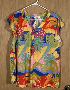 Christian Siriano Damen Gr. 1X Top tropische Palmen Ananas Strand Neu mit Etikett - Bild 1 von 7