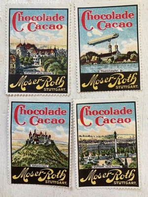 1908  ZEPELLIN OVER STUTTGART & CASTLES 4 GERMAN POSTER STAMPS CHOCOLATE COMPANY - Image 1 of 4