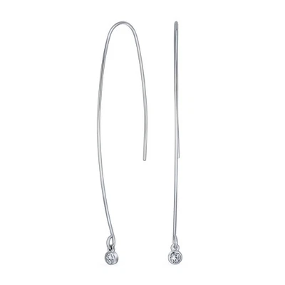 Minimalist Thin Wire Threader Earrings With Long Curved Dangle and Bezel Set ... - Image 1 of 4