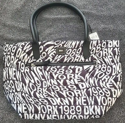 NWT DKNY Womens LYLA Quilted Black White Softshell Zip Shopper Tote Book Bag New - Image 1 of 4