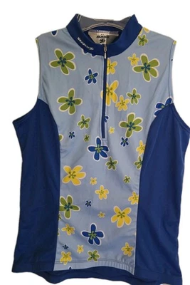 Women's XL Sugoi Cycling Jersey Blue Flowers 1/4 Zip Back Pocket Sleeveless - Image 1 of 4