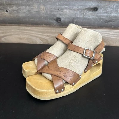 Vintage Dr Scholls Original Wooden Platform Brown Leather Sandal Made Brazil 7 - Image 1 of 4