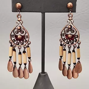 Chandelier Pierced Earrings Dangle Red Rhinestone Ethnic Copper Tone 8cm Boho - Picture 1 of 11