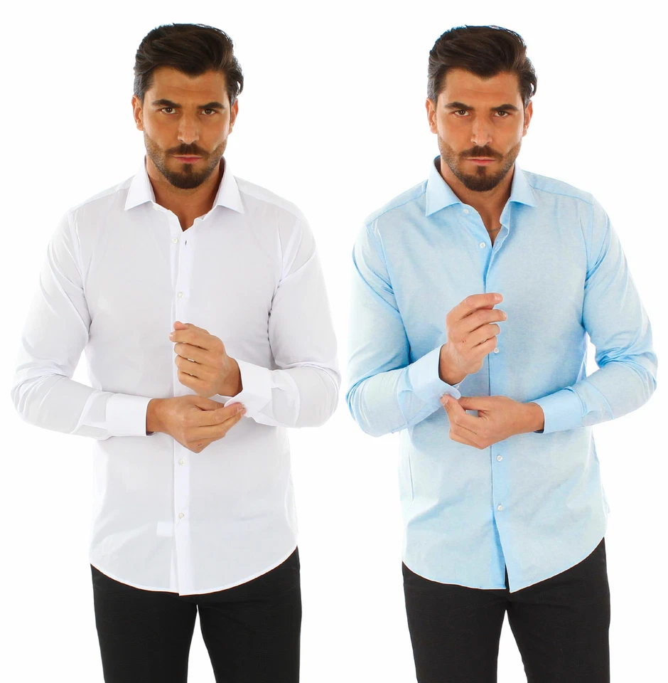 Camicia Uomo Slim Fit Cotone Elegante Sartoriale Made in Italy Bianca Celeste  - Immagine 1 di 1