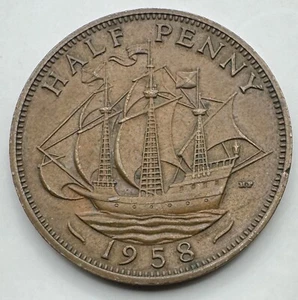 1958 Great Britain Half Penny - UK - Sailing Ship - 1/2 Penny - UK -Ships Free - Picture 1 of 4