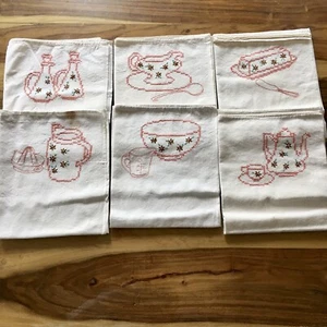 lot of 6 Matching Vintage Handmade flour sack Dish Towels embroidery - Picture 1 of 10