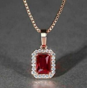 14K Rose Gold Plated 18"Chain 2Ct Emerald Cut Lab-Created Ruby Women's Pendant